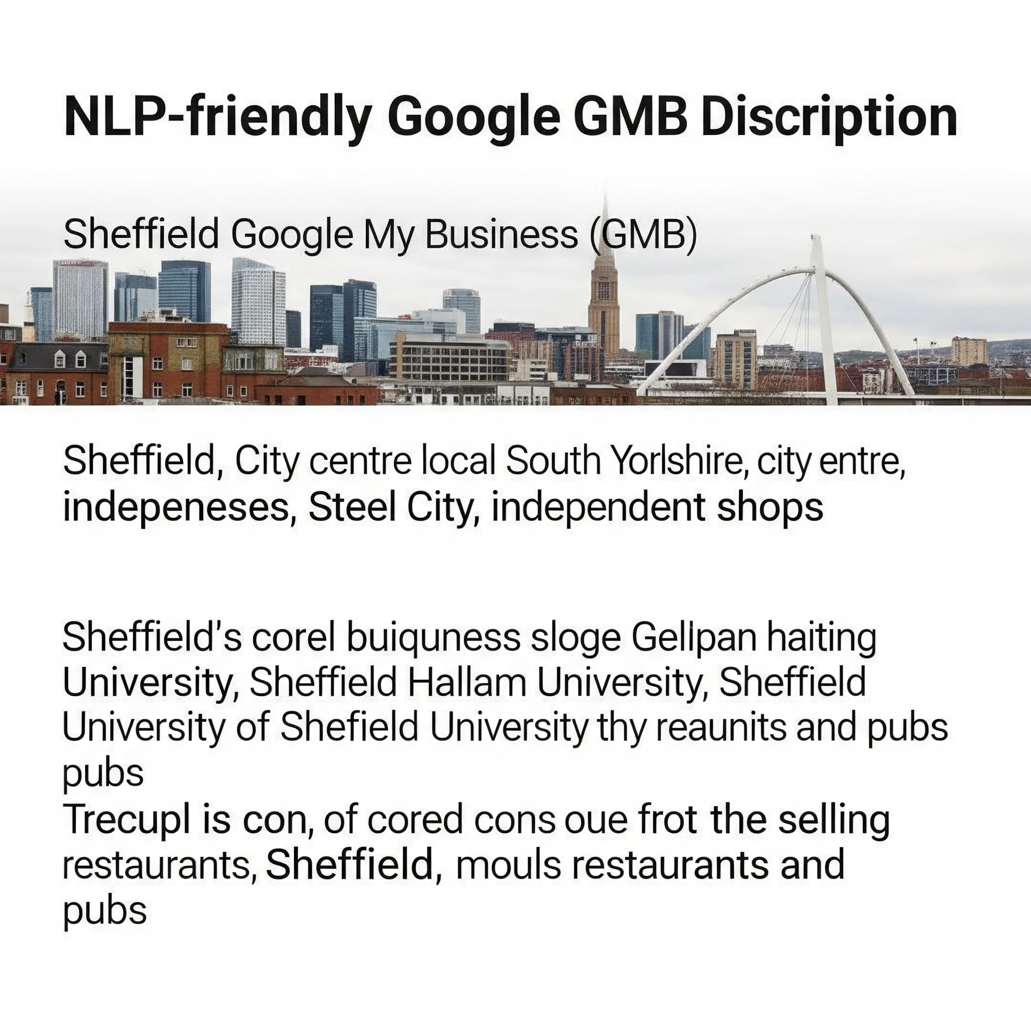 Screenshot showing an NLP-friendly GMB description with Sheffield-specific keywords and natural phrasing. 