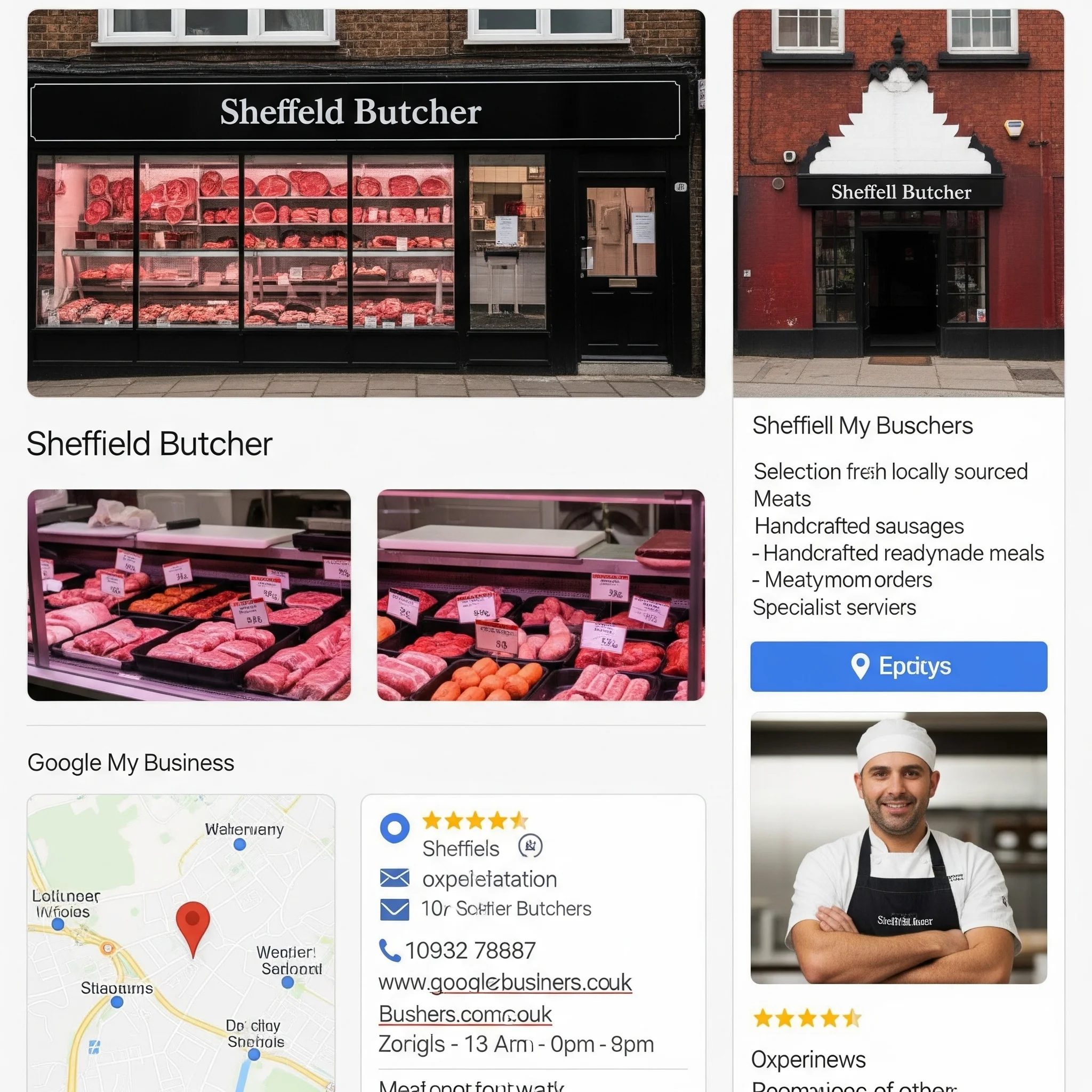 Google My Business profile setup showing Sheffield butcher details like location, contact info, and services.