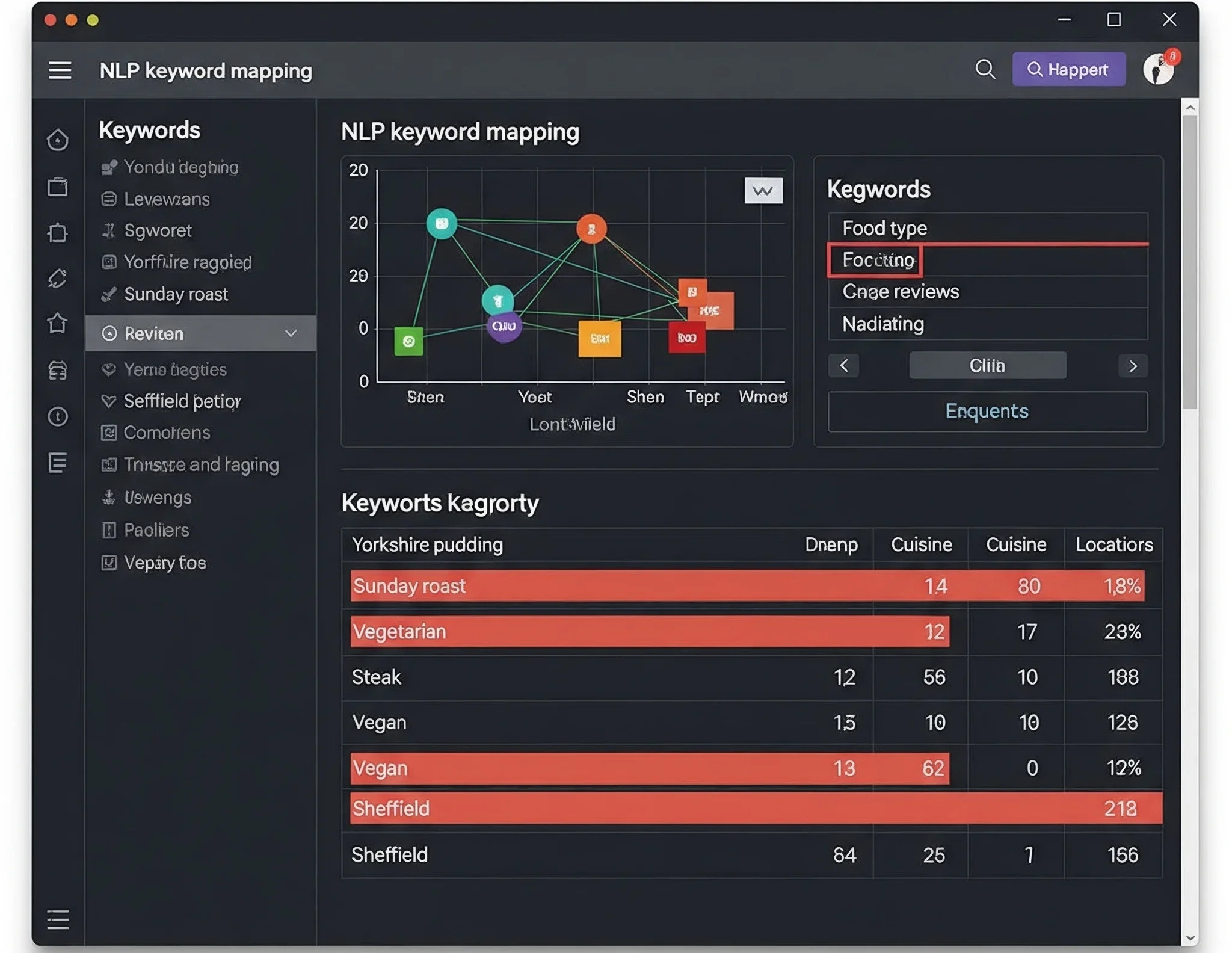 Screenshot of NLP-driven keyword mapping for a Sheffield restaurant site.