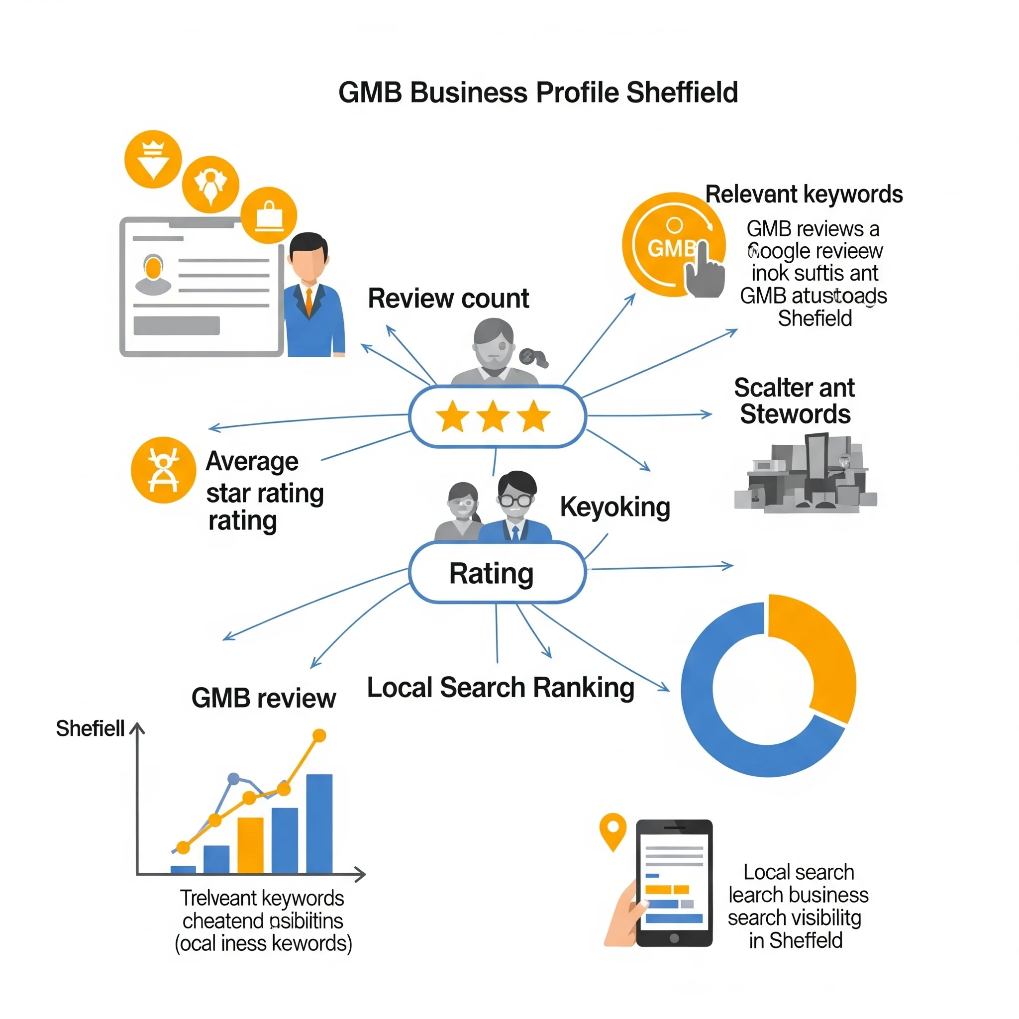 Infographic showing connection between review count, rating, keywords, and GMB ranking in Sheffield.