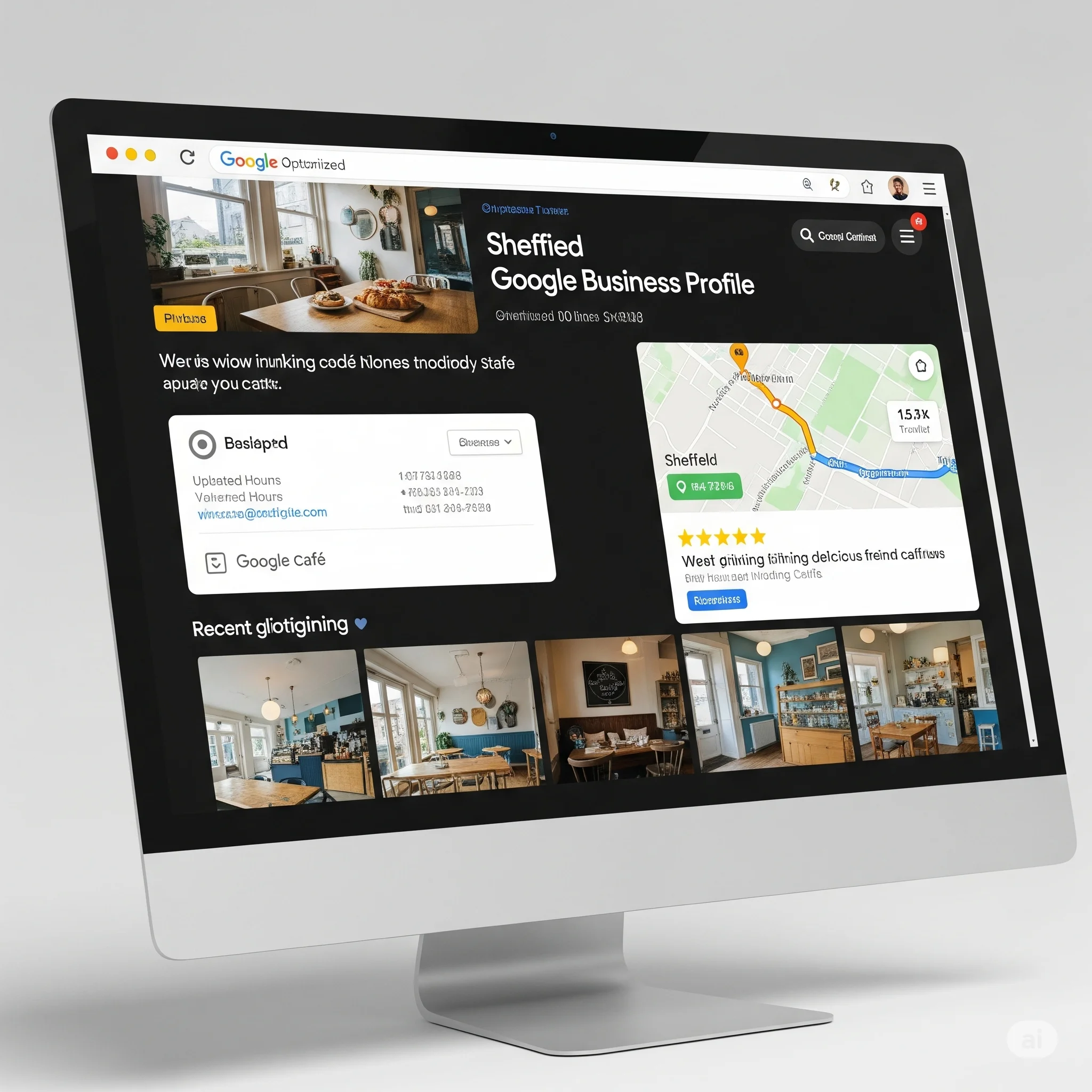 Screenshot of an optimized Google Business Profile for a Sheffield café, featuring customer reviews, business hours, photos, and clickable map directions.