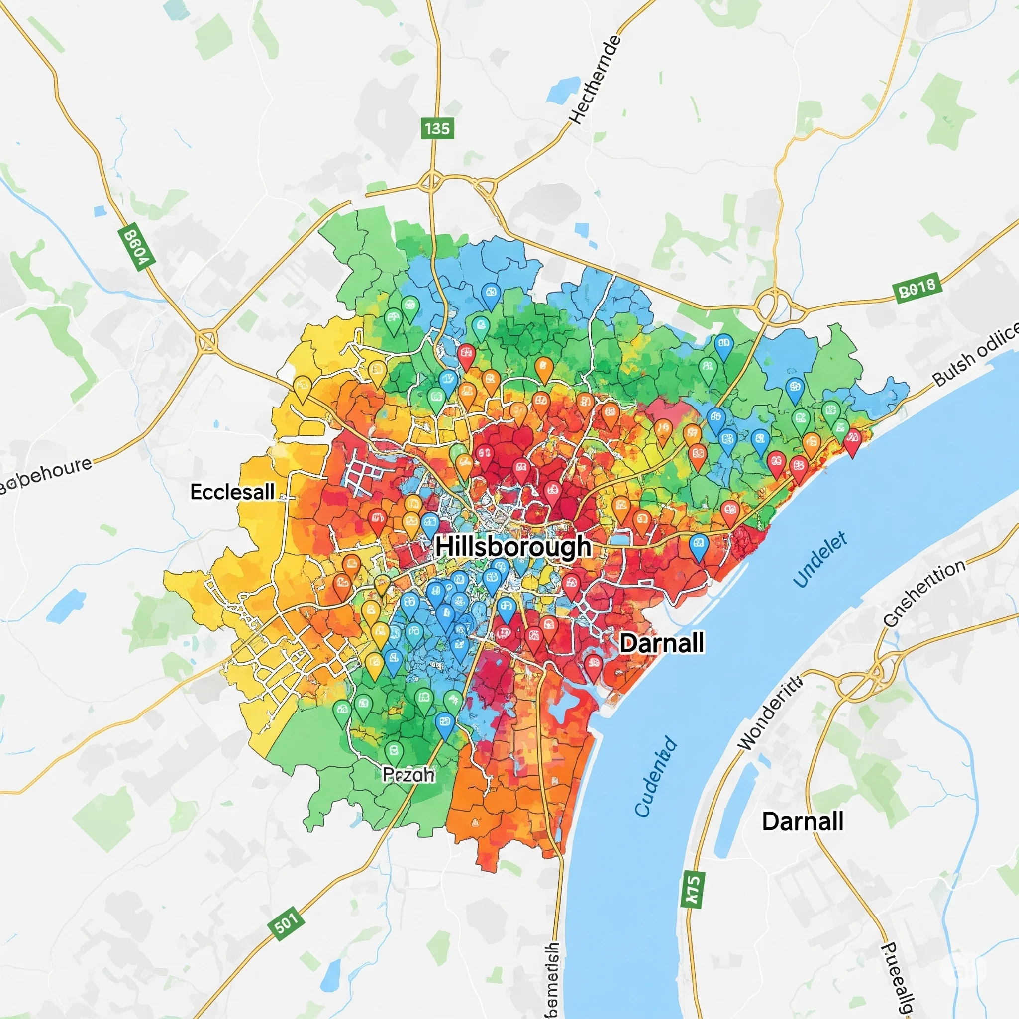 Heatmap displaying high local search activity across Sheffield neighborhoods including Ecclesall, Hillsborough, Darnall, and surrounding areas.
