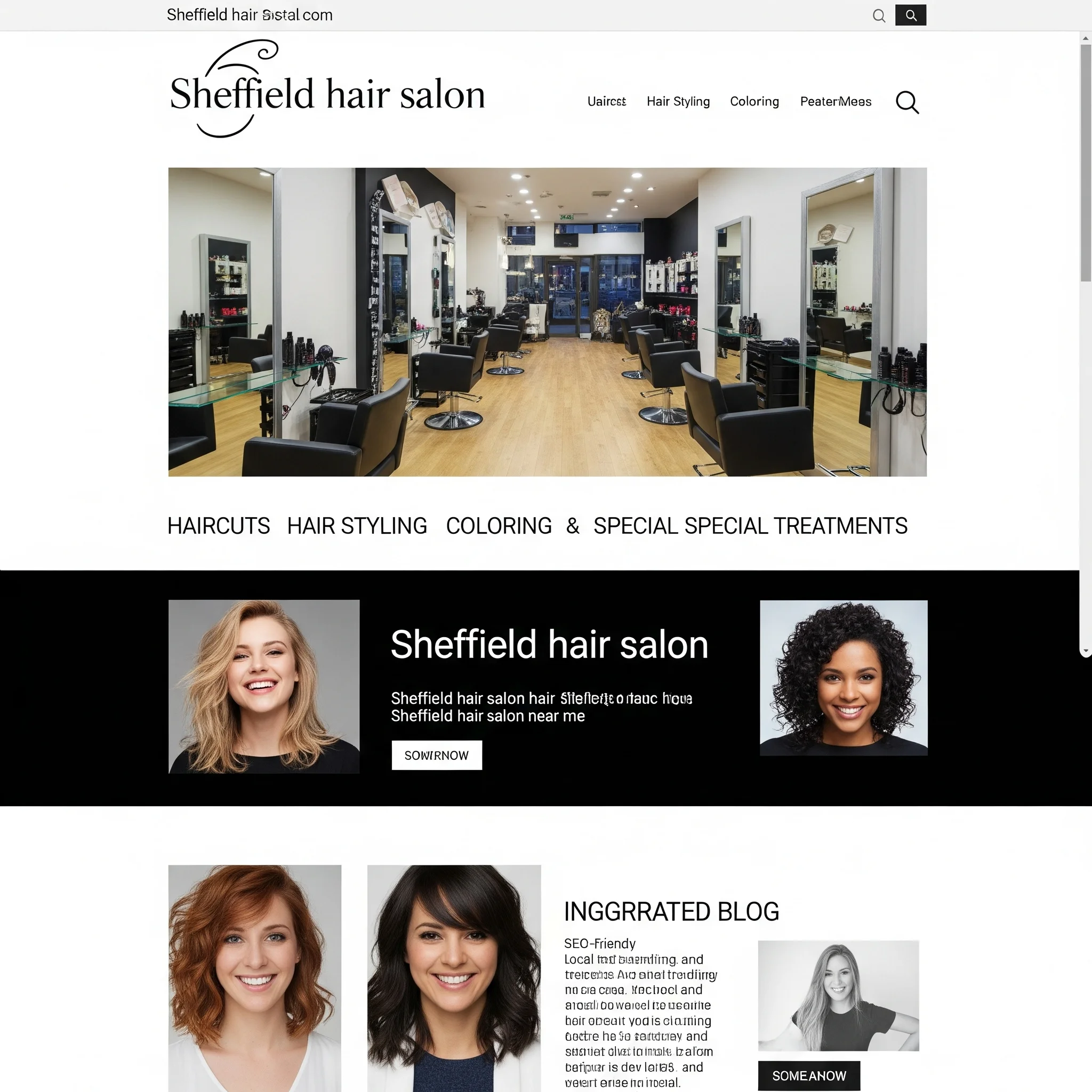 Sheffield hair salon website showing SEO-optimized meta title and internal links.
