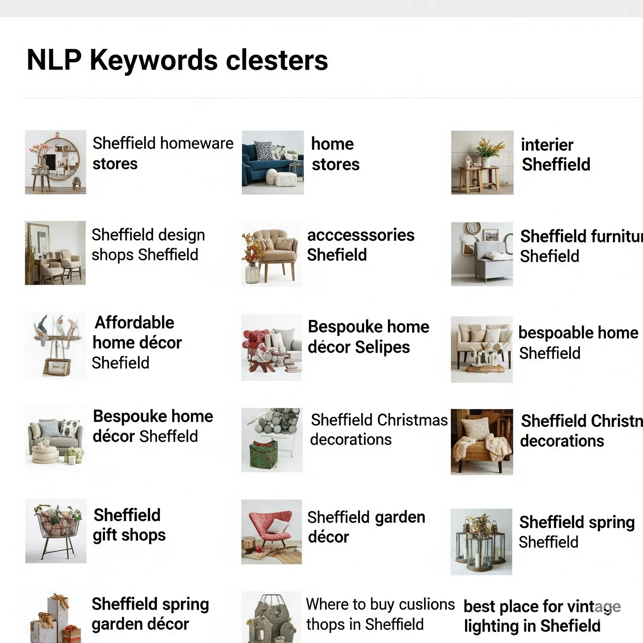 NLP keyword clusters tailored for a Sheffield home décor store SEO strategy