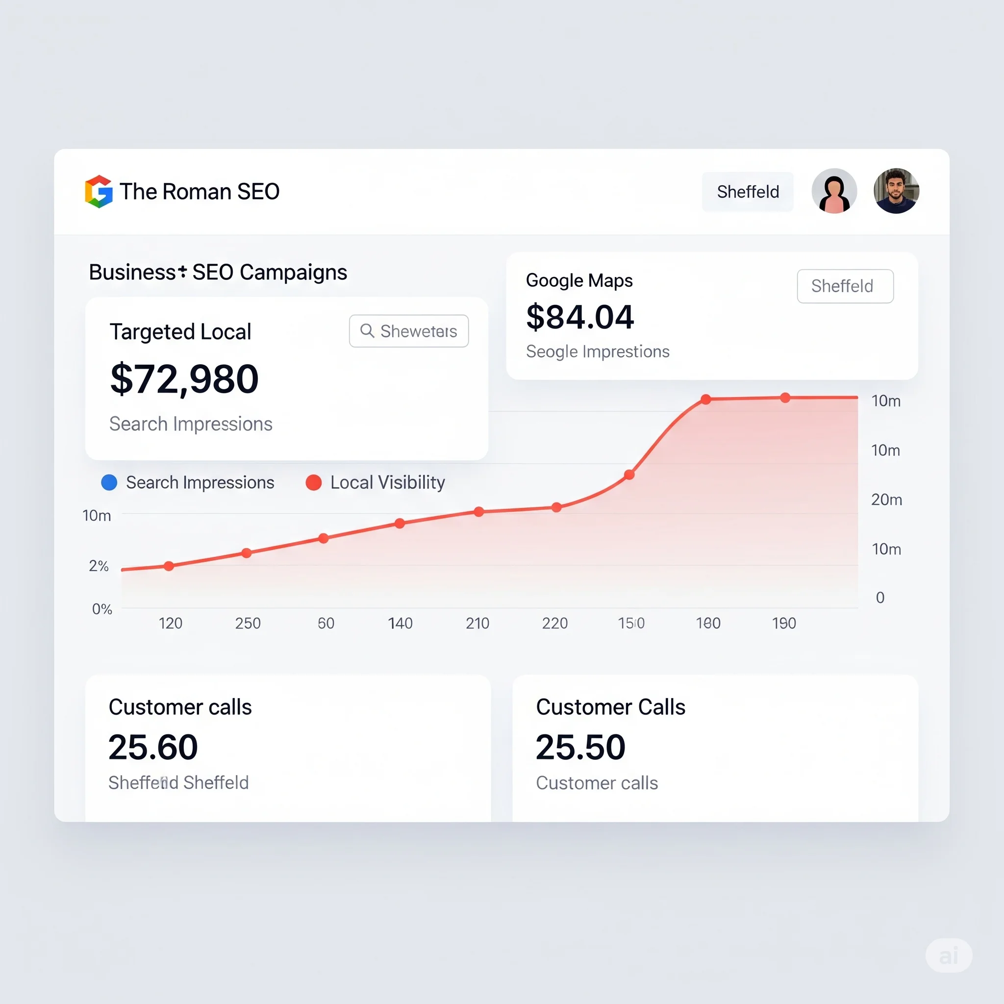 Local Sheffield business analytics dashboard showing increased Google search impressions, Maps visibility, and customer calls from SEO efforts by The Roman SEO.