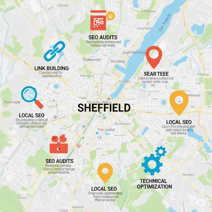Infographic of SEO services: local SEO, audits, link building, content strategy