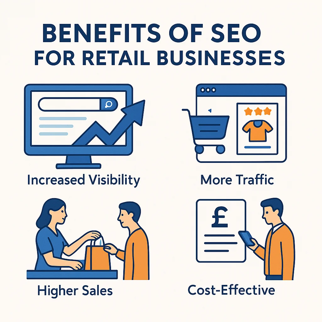 Infographic showing four key benefits of SEO for retail businesses: increased visibility, more traffic, higher sales, and cost-effectiveness.