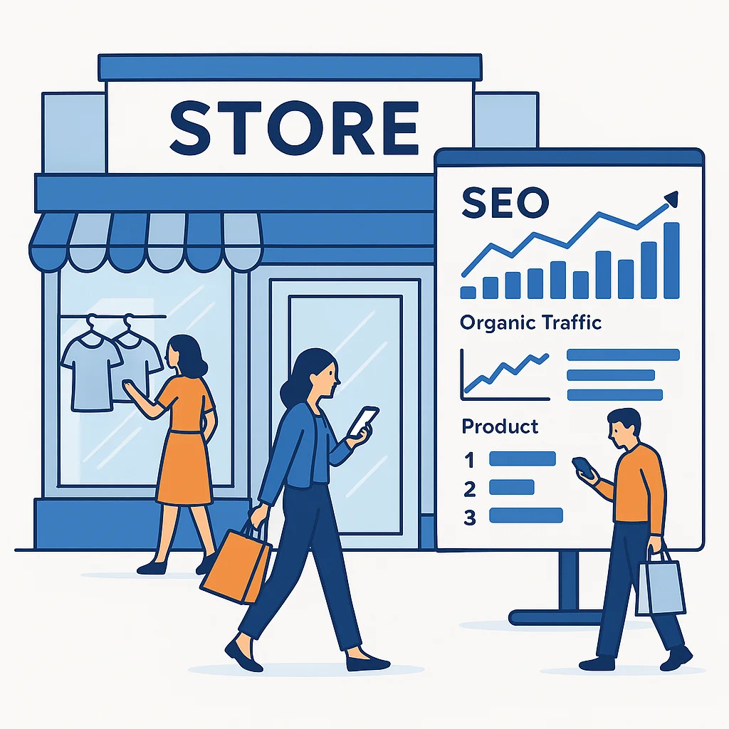 Illustration of a retail store with SEO analytics and customers browsing products online and in-store.
